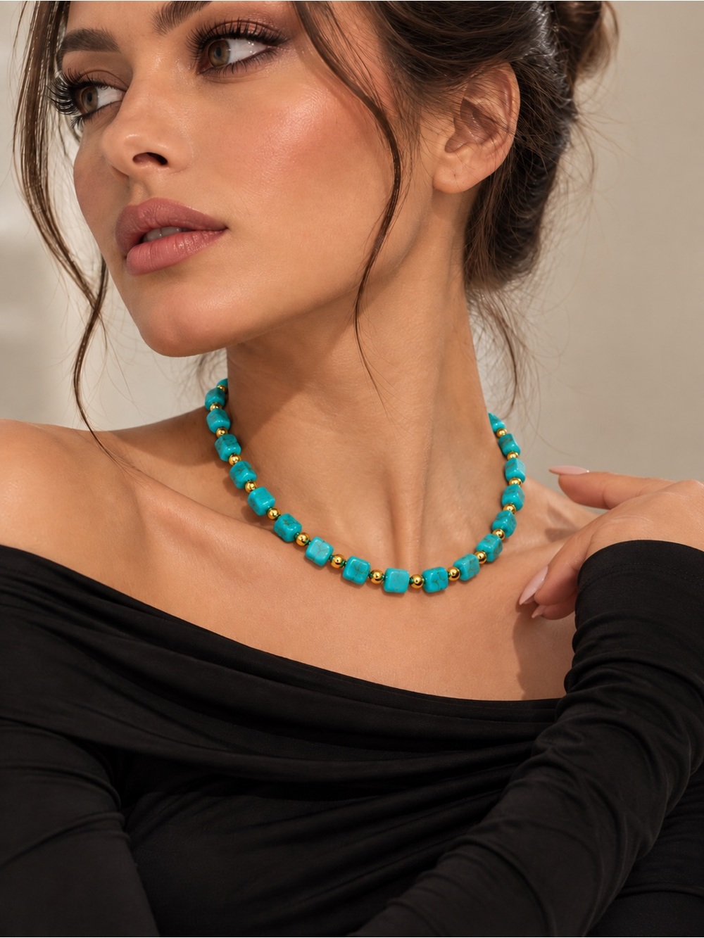 Turquoise Bead Necklace with Gold Accent Beads - Women Jewelry